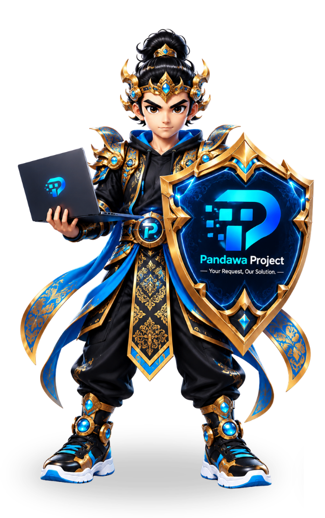 Pandawa Mascot - Memegang Shield Keamanan dan Laptop Digital Development